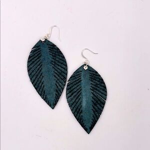 Teal Statement Leaf Earrings with Silver plated Hooks